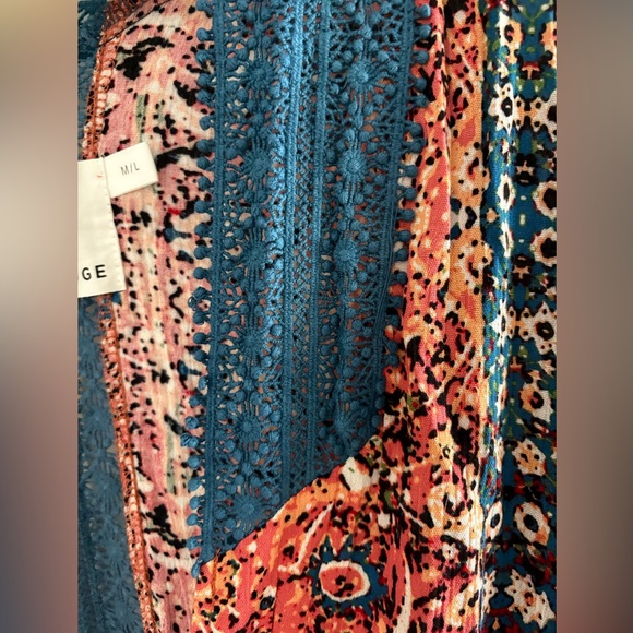 Sloane Rouge Anthropologie NWT Boho Kimono w/ Blue Crochet Lace Trim Size M/L - Picture 9 of 9
